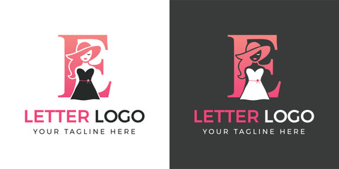 Letter E logo with elegant woman in hat and dress Keywords: E, letter, logo, alphabet, character