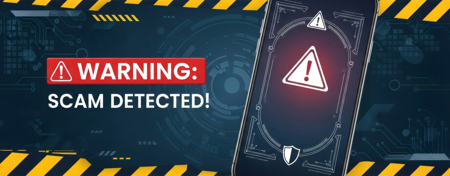 Warning scam detected message on a mobile phone with a danger sign. Cybersecurity and fraud detection for online security.