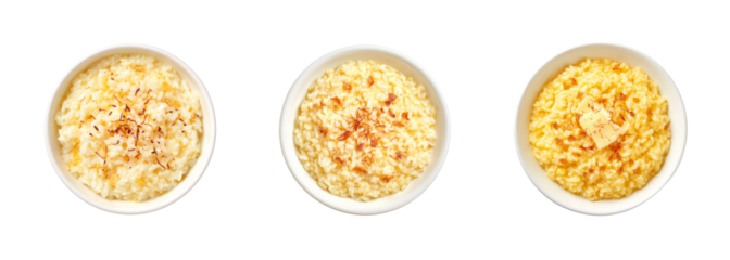 Three delicious bowls of creamy saffron risotto with delicate garnishes, isolated on black, PNG set, transparent background