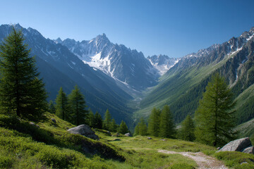 Obraz premium majestic beauty of alps unfolds as towering peaks rise dramatically against clear blue sky