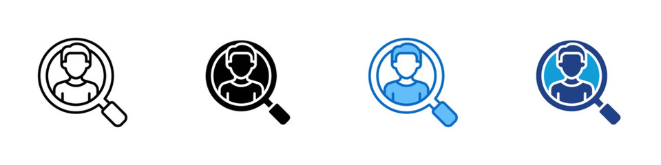 Profile Search Multiple Style Icon Design Vector - Magnifying glass over a human profile, symbolizing user research, recruitment, or identity check