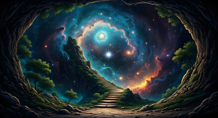 Cosmic tunnel swirling with glowing starlight and nebula clouds, rendered in surreal digital style, designed as an imaginative synaptic pixel abstract overlay for fantasy space scenes