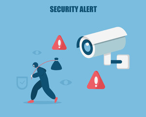 Illustration of a thief carrying a bag under CCTV surveillance with warning signs, symbolizing security alert, monitoring, and crime prevention