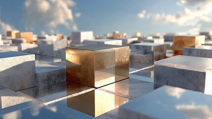 Golden cube stands out among geometric structures with reflective surfaces under bright sky, creating a futuristic architectural scene ideal for wallpaper and design projects.