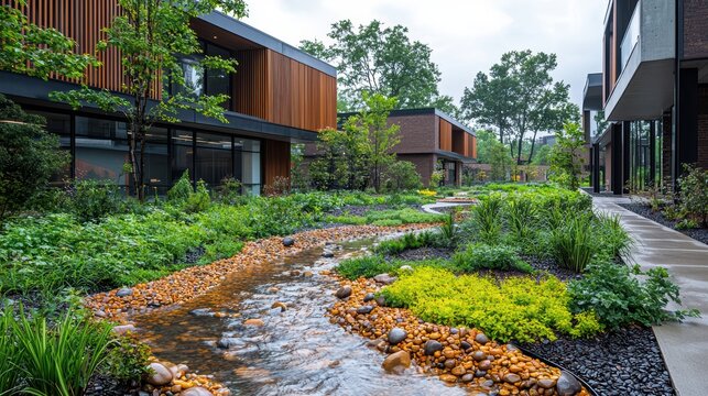 Sustainable landscape architecture integrating biophilic design and ecological planning with innovative materials and efficient water management systems