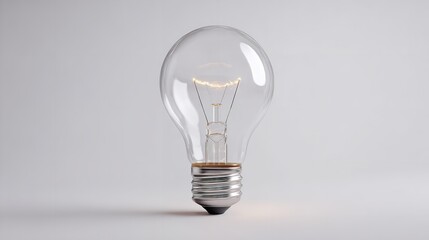 A clear incandescent light bulb with a glowing filament, isolated on a white background, symbolizing ideas, innovation, and creativity