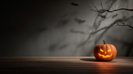Glowing jack o lantern with bat shadows.