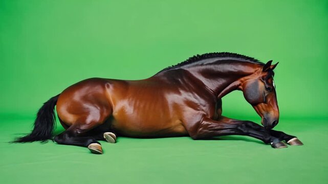 A brown horse lies down with its legs stretched out against a green background in a studio shot animal green screen video