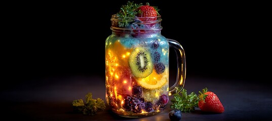 Delicious fruit infused water recipe in mason jar with strawberry kiwi blueberry and blackberry mix drink