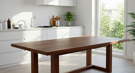 Wooden Dining Table Brown in Bright Minimalist Kitchen Setting