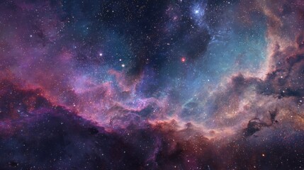 Fototapeta premium A stunning nebula in the depths of space displays a striking array of blues, purples, and pinks, surrounded by countless distant stars and cosmic gases creating a mesmerizing view.