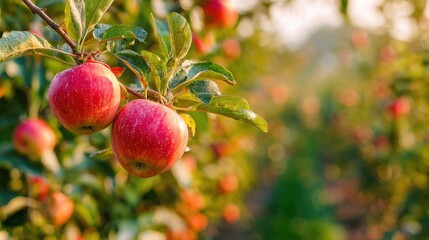 Obraz premium Bright red apples are visible on tree branches in a lush orchard, with sunlight filtering through leaves. The vibrant fruits showcase the beauty of autumn harvest time in a rural setting.
