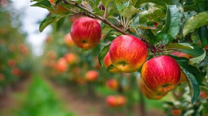 Branches laden with ripe red apples sway gently in an orchard under bright autumn sunlight, showcasing a vibrant landscape filled with fruiting trees.