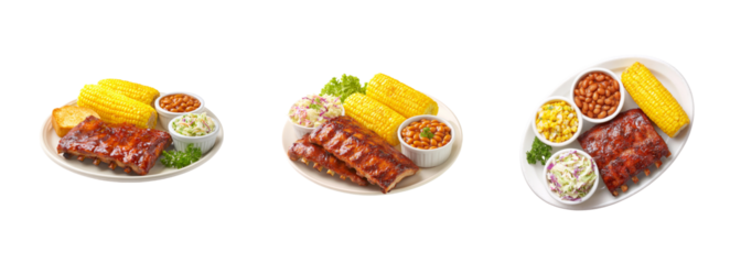 Delicious barbecue ribs dinner plate with corn, beans, coleslaw, and toast, PNG set, transparent background
