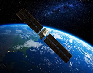 Fototapeta premium Satellite orbiting Earth with Milky Way (1)
