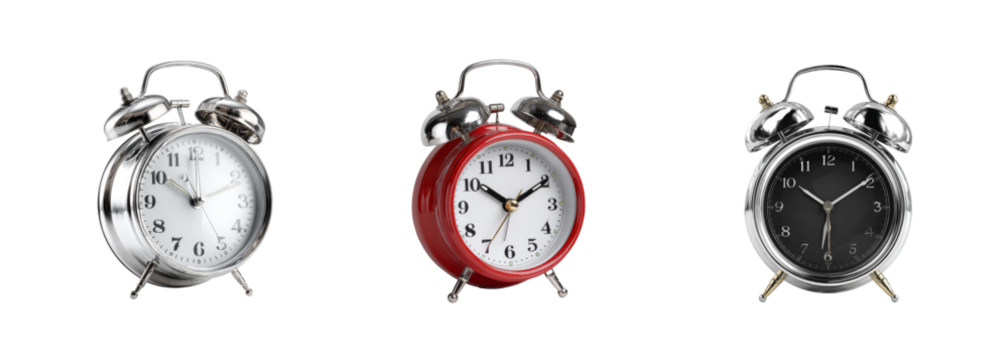 Vintage alarm clock collection, classic twin bell design in silver, red, and black face, PNG set with transparent background