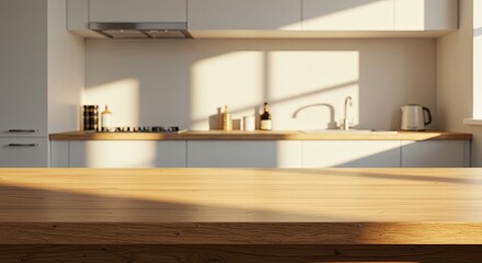 Wooden Table in Bright Modern Kitchen with Warm Light
