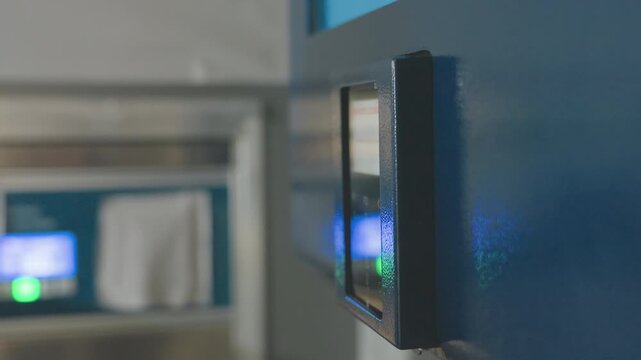 Round view of cashless payment panel on wall as customer hand taps card on reader then removes it, contactless transaction under blue light, glossy reflection, modern laundromat machine detail