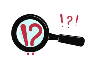Magnifying glass. Question mark, exclamation point. Concepts of finding an answer, solving a problem. Hand drawn, flat illustration. Isolated background.