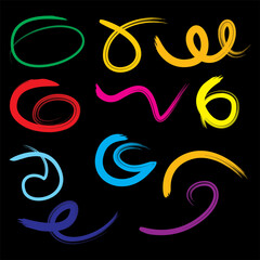 A vibrant collection of colorful hand-drawn brush strokes, abstract paint lines, and artistic textures. Perfect for creative design projects, digital art, backgrounds, posters, and modern illustration