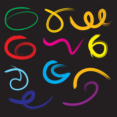 A vibrant collection of colorful hand-drawn brush strokes, abstract paint lines, and artistic textures. Perfect for creative design projects, digital art, backgrounds, posters, and modern illustration