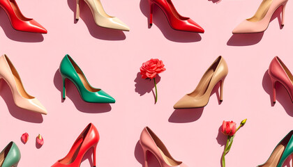 Obraz premium Fashionable floral pattern with stylish high heel shoes and flowers