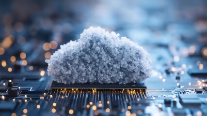 Icy cloud-shaped object atop a circuit board with glowing connections - Powered by Adobe
