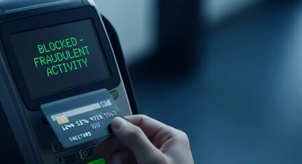 Hand of caucasian person placing credit card into POS terminal display showing message blocked fraudulent activity. Financial fraud protection concept.