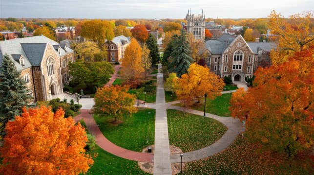 Vibrant autumn colors blanket the college campus pathways, showcasing historical buildings under a cloudy sky. Students walk and enjoy the fall scenery in this lively academic environment.