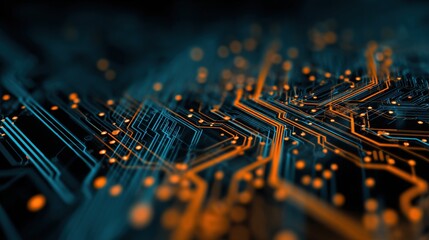The close-up view reveals complex circuitry with bright blue lines and orange dots, highlighting technology and innovation in a dark setting. This intricate design represents modern electronics.