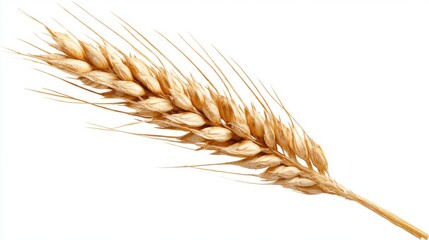 A close-up view of a wheat ear with golden grains rests against a white background. Natural light highlights the intricate texture and details of the grains, showcasing agricultural beauty.