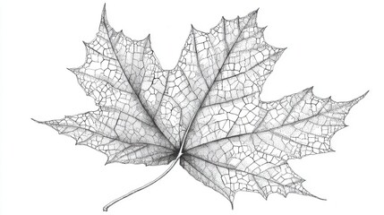 A finely detailed sketch of a maple leaf displays its unique textures and intricate vein structures. The work captures the beauty of nature through delicate pencil strokes.
