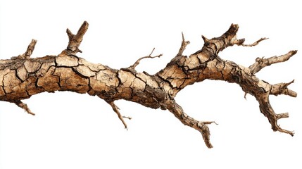 Fototapeta premium A detailed view of a textured tree branch showcases its intricate patterns and cracked surfaces. The natural wood features various shades and lengths of twigs extending outward.