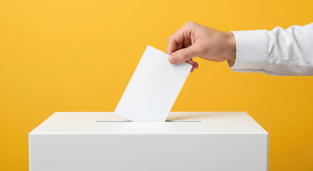 A hand seen casting a vote into a ballot box against a yellow background. A useful visual representing topics such as democracy, elections, and the right to vote.