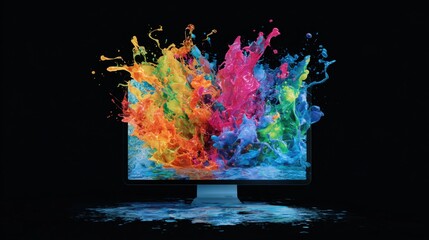 A computer monitor displays an explosion of colorful paint splashes in various bright hues against a dark backdrop. The dynamic colors create an energetic atmosphere, mesmerizing viewers.