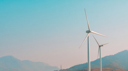 Wind Power Plant by the Riverside, Encircled by Lush Green Grass, with Distant Mountains and a Blue Sky. Captures the Vast, Harmonious Blend of Nature and Modern Technology.