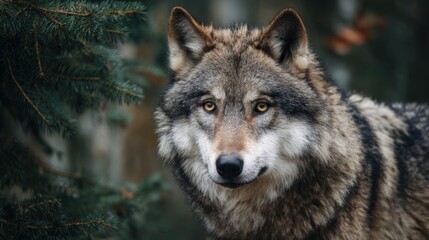 Obraz premium A beautiful wolf stands among the trees, its striking fur blending with the earthy tones of the forest. It looks directly at the observer, showcasing its intense gaze and alert posture.