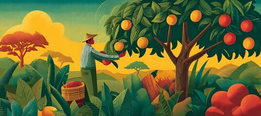 Harvesting oranges illustration farmer picking fresh organic fruit in orchard agriculture farm landscape scene