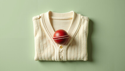Folded white cricket sweater with red ball on green background