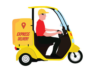 delivery service driver in yellow cap on three-wheeler scooter with a container business illustration