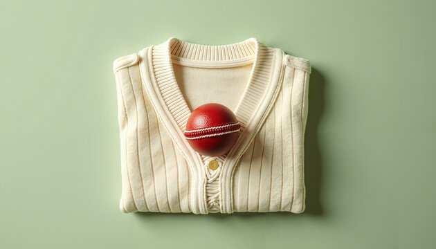 Folded white cricket sweater with red ball on green background - Powered by Adobe