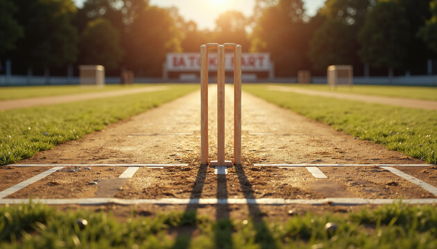 Cricket stumps on the field during sunset at a cricket ground  