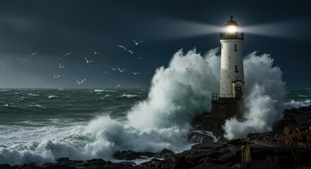 A powerful lighthouse stands tall amidst a stormy sea, its beam of light illuminating the dark and turbulent waves.