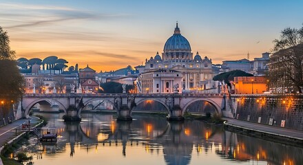 St Peters Basilica and the Tiber River at sunset in Rome Italy.