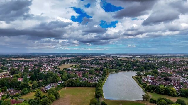 An aerial panoramic view across the town of Lichfield, UK in summertime