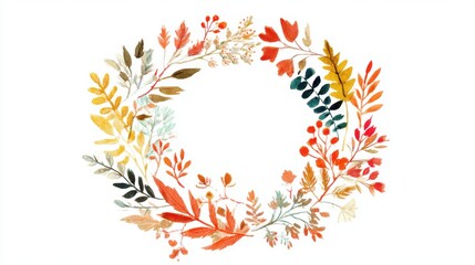Fototapeta premium A decorative wreath crafted from an assortment of vibrant autumn leaves and flowers in shades of orange, yellow, and red evokes the essence of fall and seasonal celebrations.