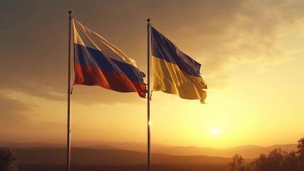 Flags of russia and ukraine flying together at sunset symbolizing peaceful coexistence outdoor landscape artistic view