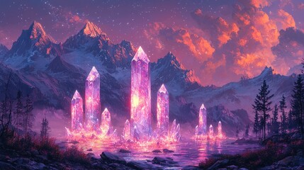 Fototapeta premium Glowing crystals in a serene mountain lake at sunset.