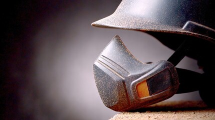 Construct worker factory, A close-up of a dusty helmet and respirator, symbolizing safety and protection in hazardous environments.