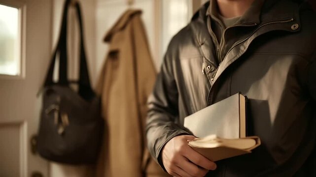 A student grabs a textbook from a bag in a hallway with keys dropped a coat slipping off a hook and a door ajar to the morning rendered in a rushed photo with book covers metal